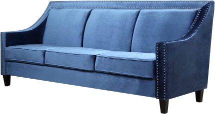 Iconic Home FSA9004-AN Camren Sofa Velvet Upholstered Swoop Arm Silver Nailhead Trim Espresso Finished Wood Legs Couch Modern Contemporary, Navy