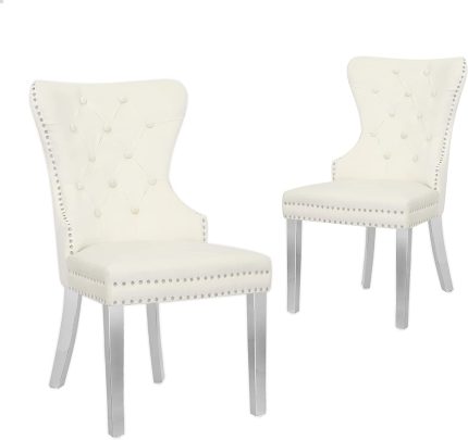 Creek Vista Tufted Velvet Dining Chairs Set of 2, Upholstered Fabric Dining Room Chairs with Nailhead Trim, Stylish Kitchen Chairs Stainless Steel Legs Chairs for Bedroom/Dining Room with Ring Pull