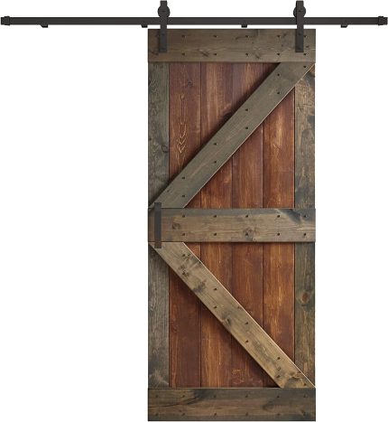 COAST SEQUOIA 36 in x 84 in K Series Muti-Color Knotty Pine Wood Sliding Barn Door with Hardware Kit (Dark Walnut Aged Barrel)