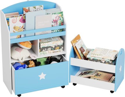 Kids Bookshelf with Drawers, Toy Storage Organizer with Rolling Carts, Toy Organizer for Kids in Playroom Nursery Room Bedroom, Blue and White