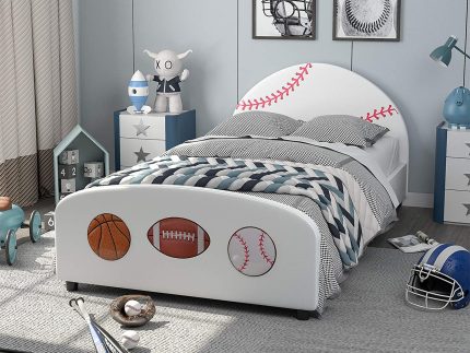 IKIFLY Children Upholstered Twin Bed - Kids Twin Platform Bed Frame with Curved Headboard Footboard - Sport Style Toddler Bed for Boys & Girls, Teens - Strong Wood Slats Support（Baseball Design）