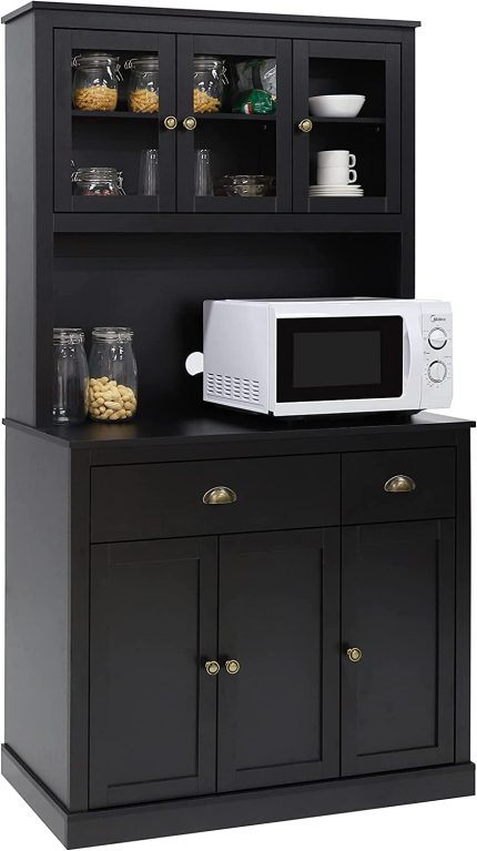 VEIKOUS 71" Pantry Buffet with Hutch, Freestanding Kitchen Storage Cabinet with 2 Drawers, Tall Pantry Cabinet with Large Countertop and Adjustable Shelves, Black Cupboard