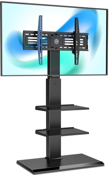 FITUEYES Iron Base Universal Floor TV Stand Swivel Tilt Mount TV Stand Base for 32-65 Inch TVs Corner TV Stand with Height Adjustable Entertainment Shelves Wire Management (Black)