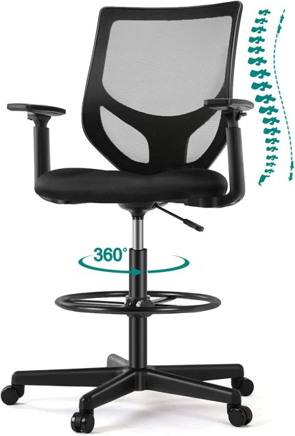 Tall Drafting Chair - Tall Standing Office Desk Chair with Adjustable Foot Ring, Chair with Ergonomic Lumbar Support, Adjustable Height, Breathable Mesh