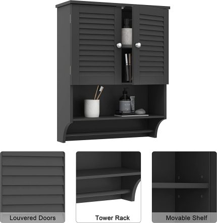 ChooChoo Bathroom Medicine Cabinet 2-Door Wall Cabinet Wood Hanging Cabinet with Adjustable Shelves and Towels Bar (Black)