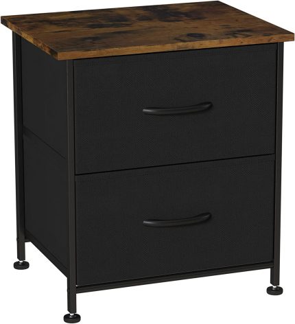 Somdot Nightstand with 2 Drawers, Bedside Table Small Dresser with Removable Fabric Bins for Bedroom Nursery Closet Living Room - Sturdy Steel Frame, Wood Top, Pull Handle - Black/Rustic Brown
