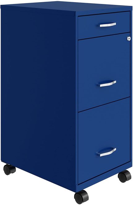 Space Solutions 18 Inch Wide Metal Mobile Organizer File Cabinet for Office Supplies and Hanging File Folders w/ Pencil Drawer & 3 File Drawers, Blue