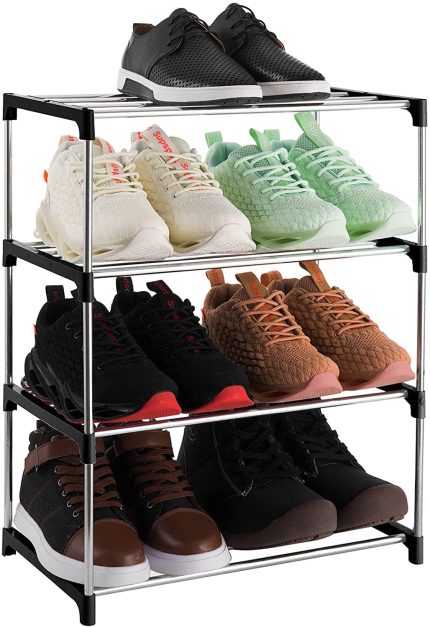 Xerhnan 4-Tier Stackable Small Shoe Rack, Lightweight Shoe Shelf Storage Organizer for Entryway, Hallway and Closet(Black)