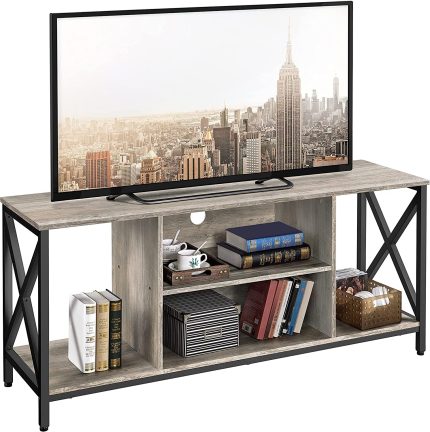 TV Stand for 65 inch TV Console Table with Storage Shelves Cabinet, 55" Wood Entertainment Center for Living Room, Industrial Modern Style TV Cabinet for Flat Screens, Gray