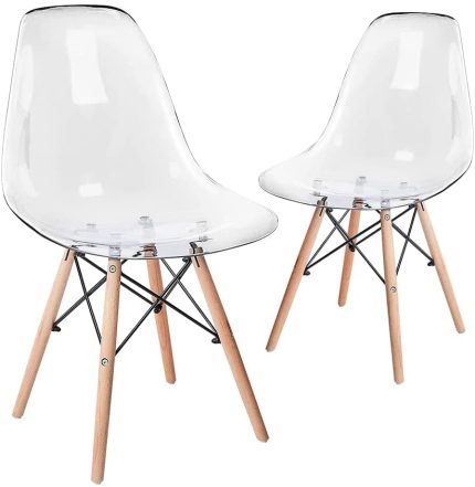 CangLong Plastic Style Side Accent Seats with Natural Wood Legs Chair for Kitchen, Dining, Living, Guest, Bed Room, set of 2, Clear 2