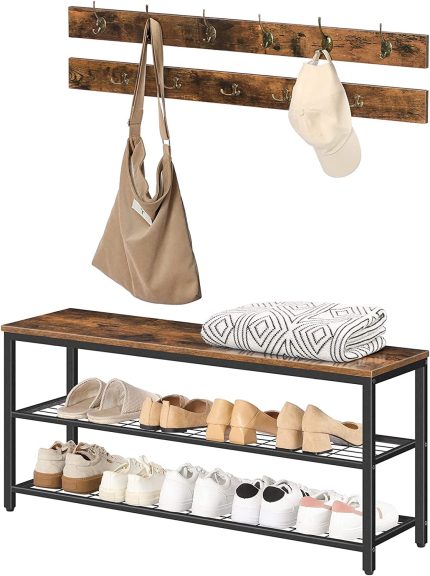 Coat Rack Shoe Bench, Shoe Rack with Coat Hooks, Hall Tree with Shoe Bench Coat Hat Bag Hanging Organizer,with 11 Coat Hooks, Easy Assembly, Rustic Brown and Black BF071MT01G1