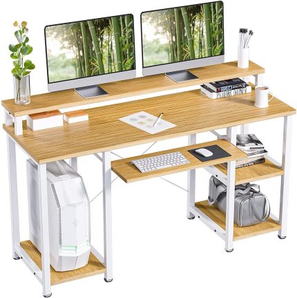 NOBLEWELL NWCD1 Computer Desk with Monitor Stand Storage Shelves Keyboard Tray，47" Studying Writing Table for Home Office (Bamboo)