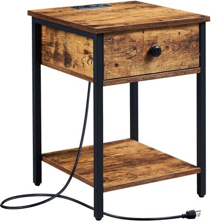 SUPERJARE Nightstand with Charging Station and USB Ports, Side End Table with Drawer, Open Storage Shelf and Metal Frame, Bedside Table for Small Spaces - Rustic Brown