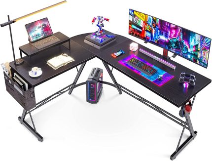 L Shaped Gaming Desk, 58" Home Office Desk with Round Corner, Computer Desk with Large Monitor Stand Desk Workstation, Black