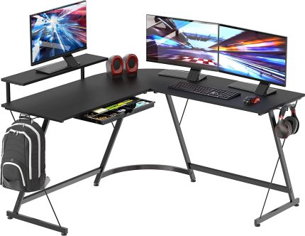 SHW Vista L-Shape Desk with Monitor Stand, Black