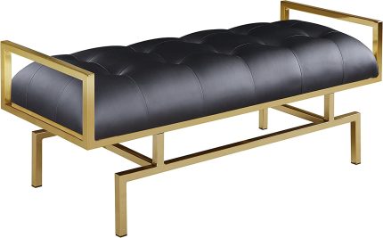 Iconic Home Bruno PU Leather Modern Contemporary Tufted Seating Goldtone Metal Leg Bench, Black