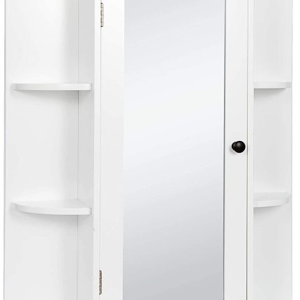 SUPER DEAL Bathroom Cabinet with Single Mirror Door Wall Mount Medicine Cabinet with Inner Adjustable Shelves Wooden Storage Organizer