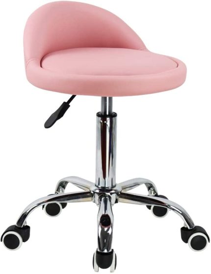 KKTONER PU Leather Round Rolling Stool with Back Rest Height Adjustable Swivel Drafting Work SPA Task Chair with Wheels Pink