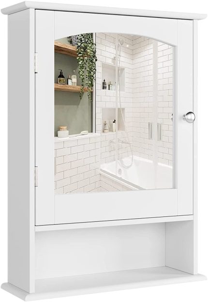 Bathroom Medicine Cabinet with Single Mirror Door and Adjustable Shelf, Wall Mounted Medicine Cabinet Storage with Open Shelf for Bathroom, Living Room, Kitchen, White