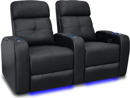 Valencia Verona Home Theater Seating | Premium Top Grain Italian 9000 Leather, Power Recliner, LED Lighting (Row of 2, Black)