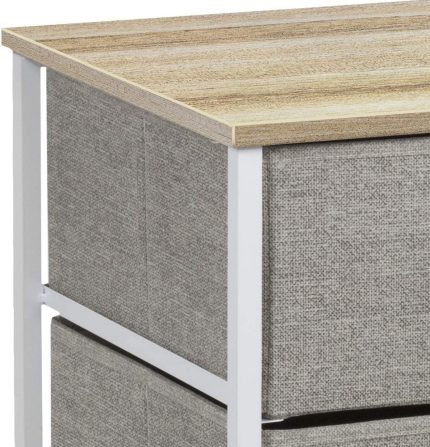 Nightstand with 3 Drawers - Bedside Furniture & Accent End Table Chest for Home, Bedroom Accessories, Office, College Dorm, Steel Frame, Wood Top, Easy Pull Fabric Bins (Beige)