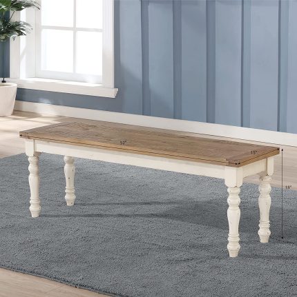 Furniture Prato Two-Tone Wood Upholstered Dining Bench, Antique White and Distressed Oak