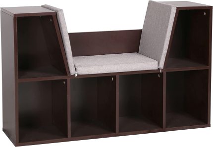 Kids Reading Nook Organizer with Storage Bookshelf and Detachable Cushions, 6-Cubby Bookcase Cabinet for Kids Room and Bedroom, Espresso