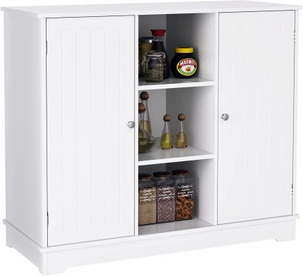 Storage Cabinet with Doors, Modern Buffet Coffee Bar with Adjustable Shelf, Floor Freestanding Side Accent Cabinet for Living Room, Hallway, Bathroom, White