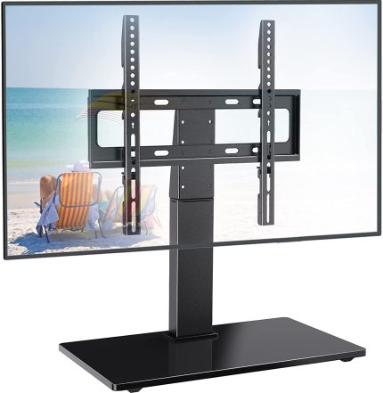 Universal Swivel TV Stand - Table Top TV Stand for 26-55 inch LCD LED TVs - Height Adjustable TV Mount Stand with Tempered Glass Base, VESA 400x400mm, Holds up to 88lbs PSTVS12
