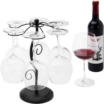 MyGift 6-Hook Black Metal Wine Glass Holder Countertop Stemware Rack with Elegant Scrollwork Design