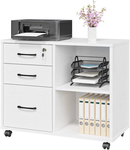 3 Drawer Office File Cabinets, Mobile Lateral Printer Stand with Open Storage Shelf, Rolling Filing Cabinet with Wheels Home Office Organization and Storage (White)