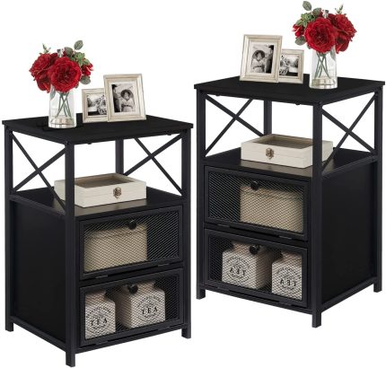 Nightstands, End Tables with flip Drawer and X-Design Side, Night Stand for Living Room Office Bedroom Lounge, Set of 2, 2, Black