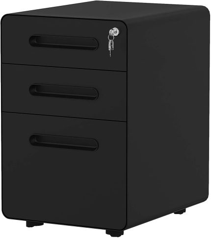 3-Drawer Rolling File Cabinet, Metal Mobile File Cabinet with Lock, Filing Cabinet Under Desk fits Legal/Letter/A4 Size for Home/Office, Fully Assembled-Black