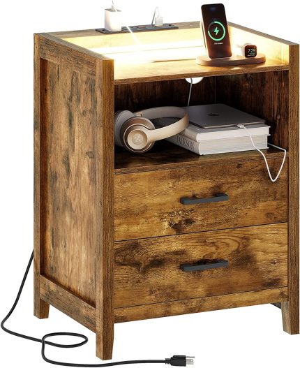 EPHEX Nightstand with LED Lights and Charging Station, End Side Table with 2 Drawers and Open Storage, Modern Bedside Table for Bedroom, Rustic Brown