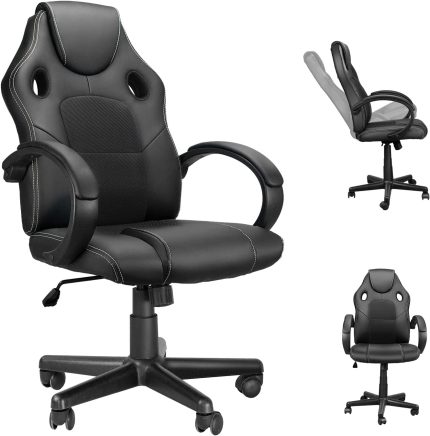 MUZII Office Gaming Chairs Comfortable Computer Desk Chair with Wheels Breathable Mesh PU Leather Video Game Chairs for Kids and Teens Black