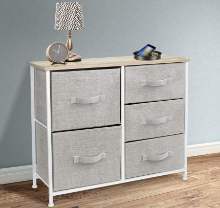 Dresser with 5 Drawers - Furniture Storage Tower Unit for Bedroom, Hallway, Closet, Office Organization - Steel Frame, Wood Top, Easy Pull Fabric Bins (Beige)