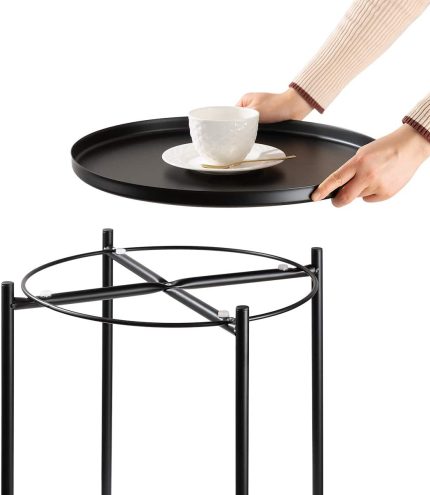 danpinera Side Table Round Metal, Outdoor Side Table Small Sofa End Table Indoor Accent Table Round Metal Coffee Table Waterproof Removable Tray Table for Living Room Bedroom Balcony Office Black