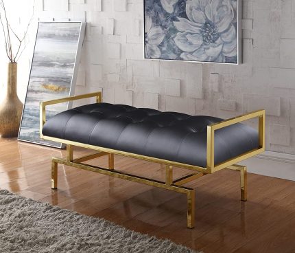 Iconic Home Bruno PU Leather Modern Contemporary Tufted Seating Goldtone Metal Leg Bench, Black