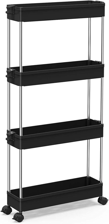 SPACEKEEPER Slim Rolling Storage Cart 4 Tier Bathroom Organizer Mobile Shelving Unit Storage Rolling Utility Cart Tower Rack for Kitchen Bathroom Laundry Narrow Places, Black