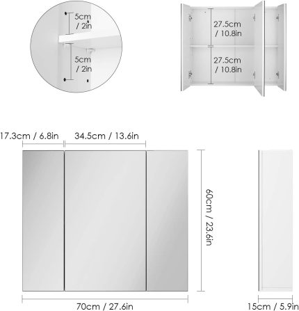 SHUANGZ Bathroom Medicine Cabinet with 3 Doors, 27.6 X 23.6 Inch Wall Mirror Cabinet Multipurpose Storage Organizer Adjustable Shelves, White