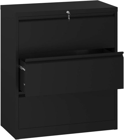 3 Drawer Lateral File Cabinet with Lock, Metal Stainless Steel Wide Lateral Filing Cabinet for Legal/Letter A4 Size, Office Organizer Storage Cabinet, Black
