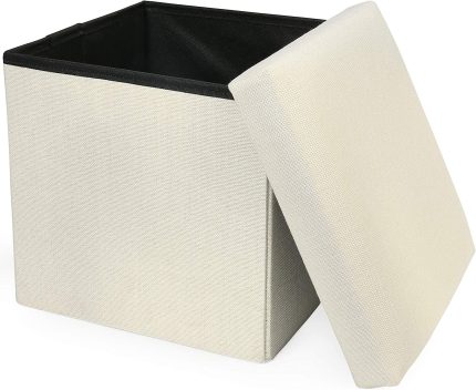 LotFancy Storage Ottoman Cube, Folding Ottoman Cube Seat, Square Ottoman with Lid for Foot Stools and Footrest, Fabric Box Bin for Children and Kids, 12x12x12 Inch