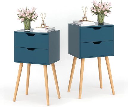 Set of 2 Nightstand 2 Drawers End Table Storage Wood Cabinet Bedroom Accent Side Table (Blue)