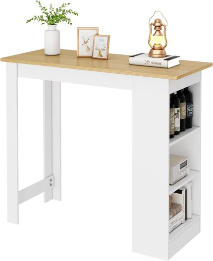 Bar Table, 47.2”(W)×19.7”(D) Kitchen Counter with 3 Open Cabinets, Height Dining Table with 3-Tier Shelves, Modern Pub Table for Bar, Cafe, Office, Kitchen, Living Room, Entryway, Oak/White