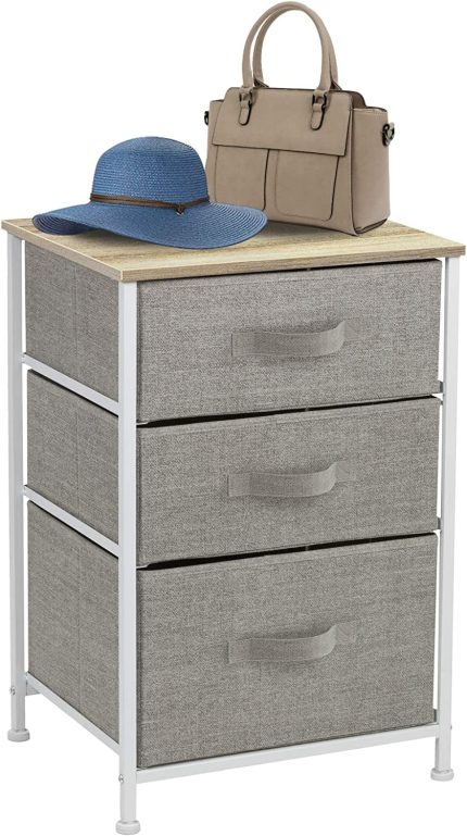 Nightstand with 3 Drawers - Bedside Furniture & Accent End Table Chest for Home, Bedroom Accessories, Office, College Dorm, Steel Frame, Wood Top, Easy Pull Fabric Bins (Beige)