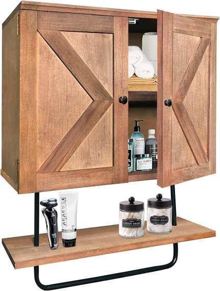 HOMECOR Bathroom Wall Cabinet, Over The Toilet Space Saver Storage Cabinet,Large Capacity Wall Mounted Bathroom Cabinet,Kichen Medicine Cabinet with 2 Barn Door,Towels Bar and Adjustable Shelf,Brown