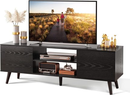 Modern TV Stand for 55 60 inch TV, Entertainment Center TV Console with Storage Cabinets & Open Shelf, Media Console for Living Room, Black