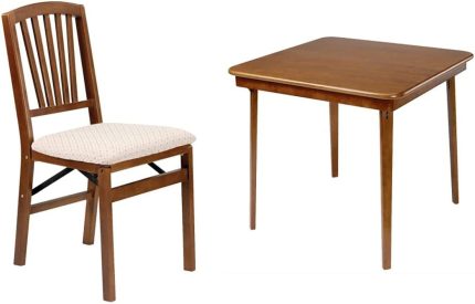 Stakmore Slat Back Folding Chair Finish, Set of 2, Fruitwood & STAKMORE Straight Edge Folding Card Table Fruitwood Finish