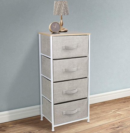Dresser with 4 Drawers - Tall Storage Tower Unit Organizer for Bedroom, Hallway, Closet, College Dorm - Chest Drawer for Clothes, Steel Frame, Wood Top, Easy Pull Fabric Bins (Beige)
