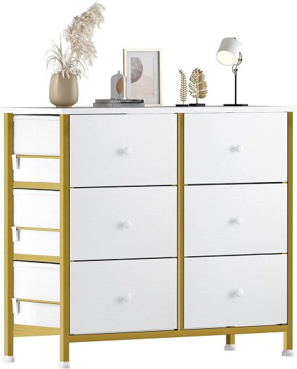 BOLUO White Dresser for Bedroom 6 Drawer Small Dresser Organizers Fabric Storage Chest Tower Wide Dressers Unit for Closet Nursery Hallway Office, Kids and Adult Modern Gold